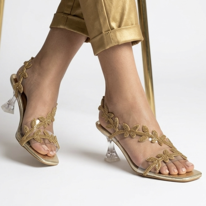 gold flower heel sandle-001