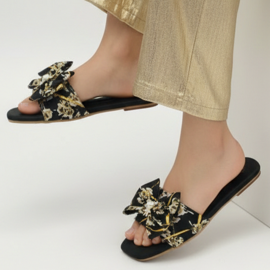 black flower flat shoe