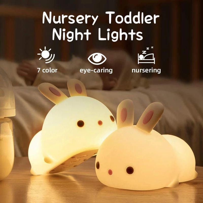 Soft Glow Cute Bunny Silicone  7 Color Rabbit Night Light with Touch Control  LED Plug-in-USB Rechargeable  For babies And Kids