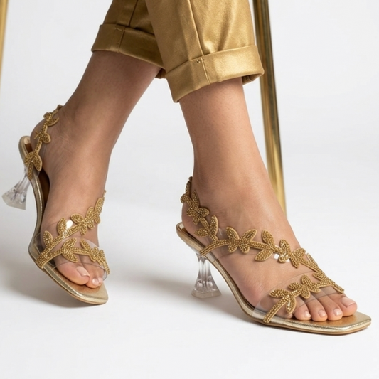 gold flower heel sandle-001